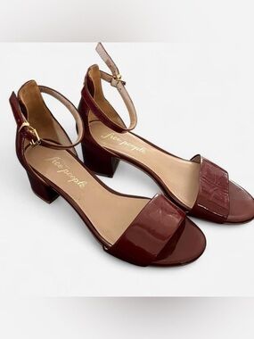 Free People Women's Burgundy Patent Block Heel Sandals with Ankle Strap